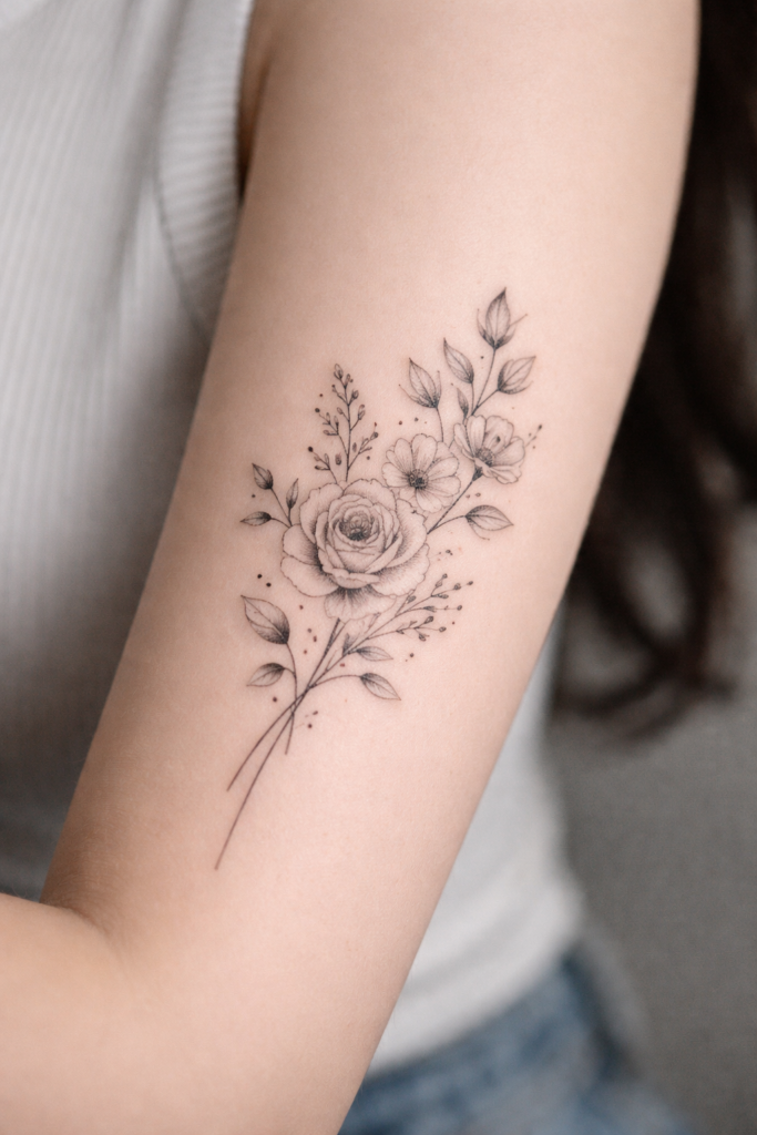 tatuagem delicada de flores no braço